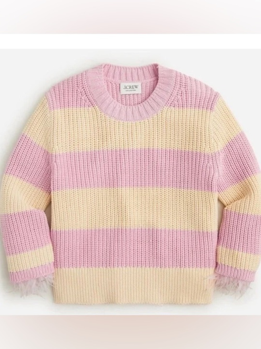 J. Crew Pastel Pink and Cream Wide-Stripe Crewneck Sweater with Feather Trim